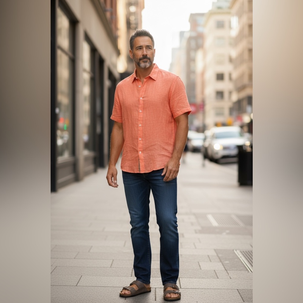 Inserch 100% Linen Coral Button Down Shirt Short‎ Sleeve Resortwear XL